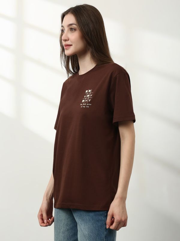 Globus Women Brown Round Neck Short Sleeves Graphic Print Relaxed Fit  T-Shirt