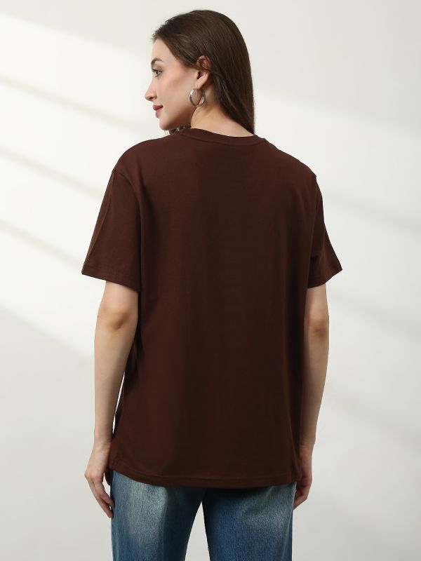 Globus Women Brown Round Neck Short Sleeves Graphic Print Relaxed Fit  T-Shirt