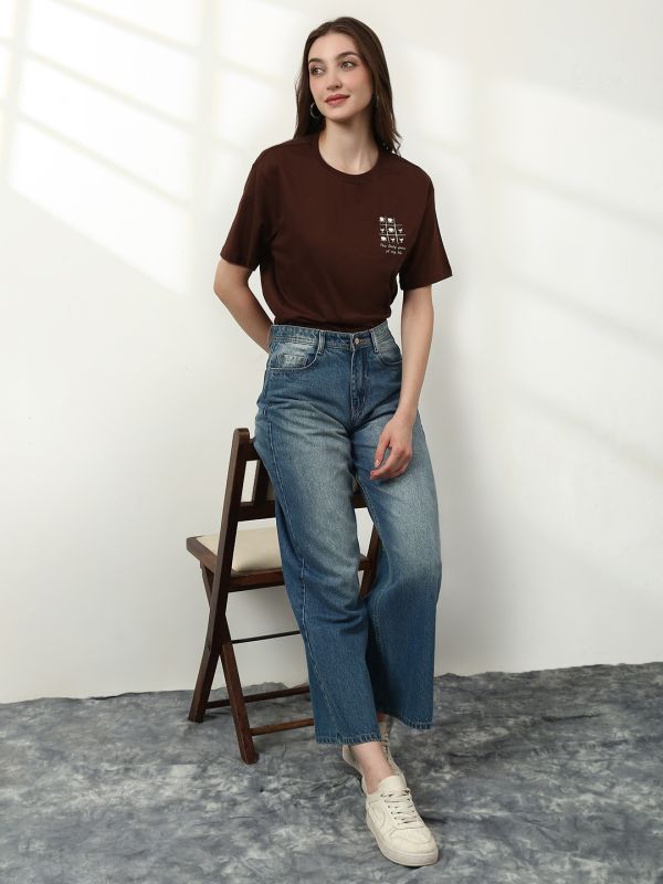 Globus Women Brown Round Neck Short Sleeves Graphic Print Relaxed Fit  T-Shirt