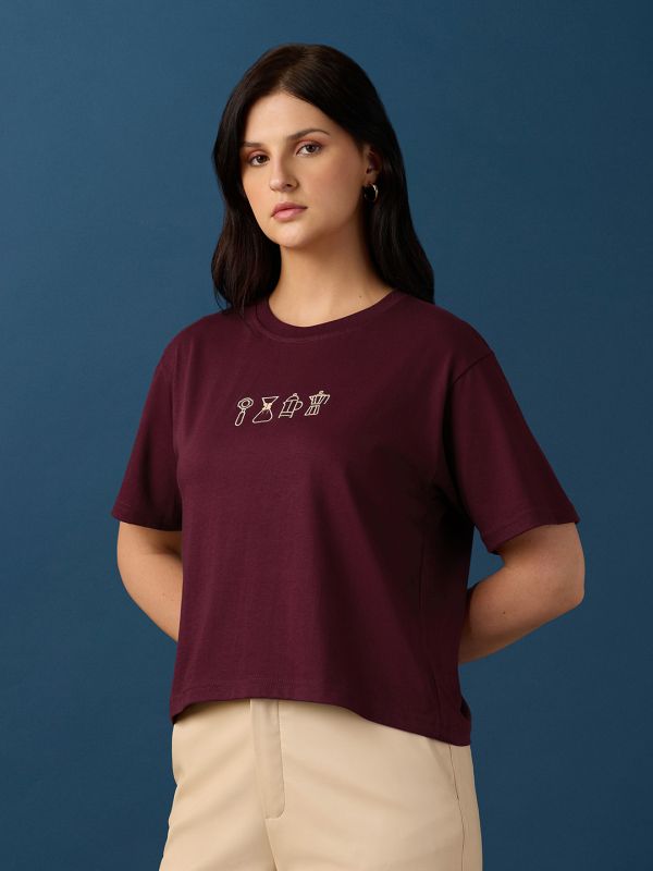 Globus Women Maroon Round Neck Drop Shoulder Sleeves Graphic Embroidered Crop T-Shirt