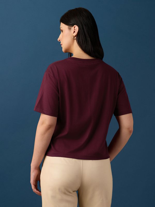 Globus Women Maroon Round Neck Drop Shoulder Sleeves Graphic Embroidered Crop T-Shirt