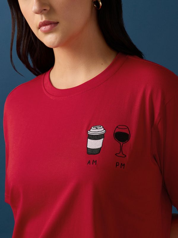 Globus Women Red Round Neck Drop Shoulder Sleeves Graphic Embroidered T-Shirt