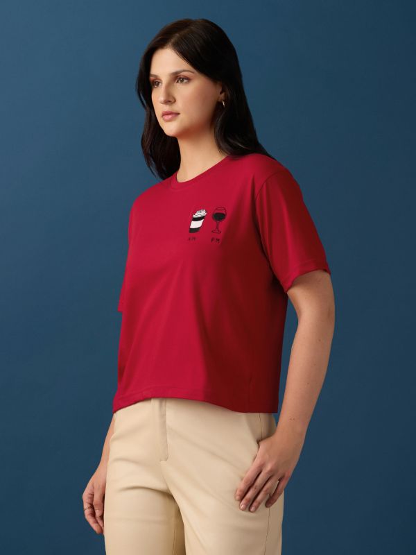 Globus Women Red Round Neck Drop Shoulder Sleeves Graphic Embroidered T-Shirt