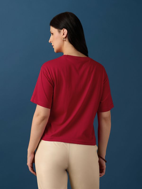 Globus Women Red Round Neck Drop Shoulder Sleeves Graphic Embroidered T-Shirt