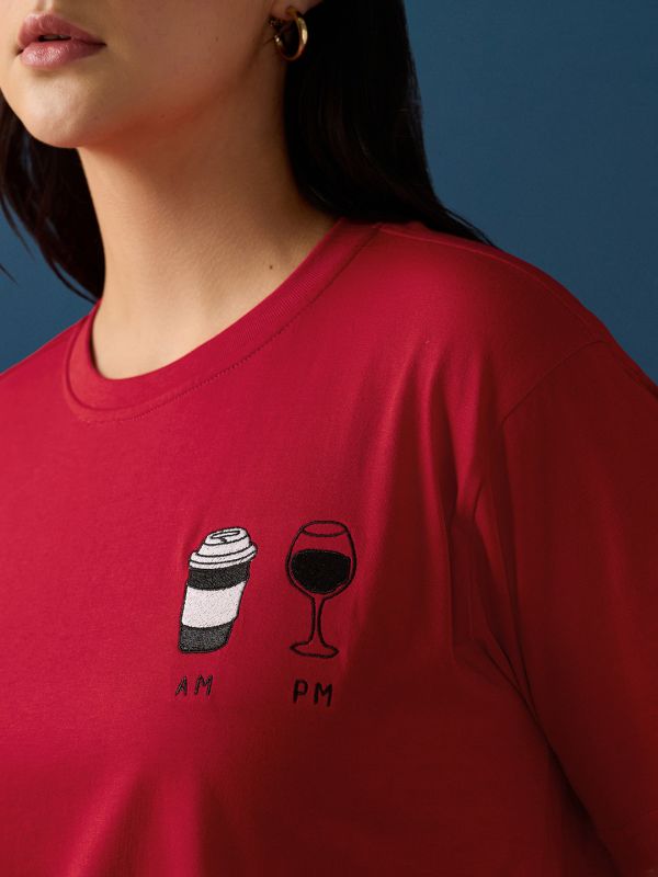 Globus Women Red Round Neck Drop Shoulder Sleeves Graphic Embroidered T-Shirt