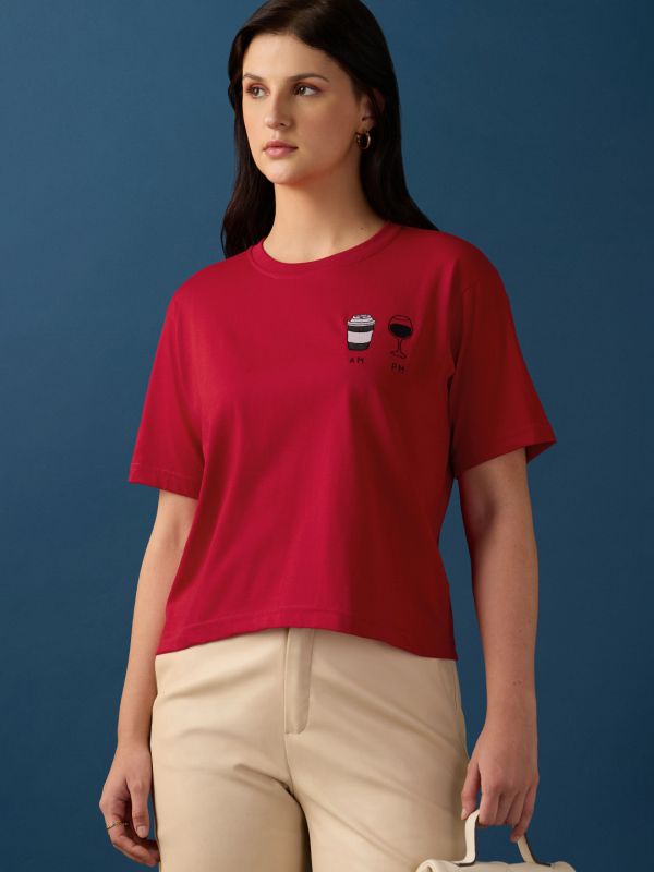 Globus Women Red Round Neck Drop Shoulder Sleeves Graphic Embroidered T-Shirt