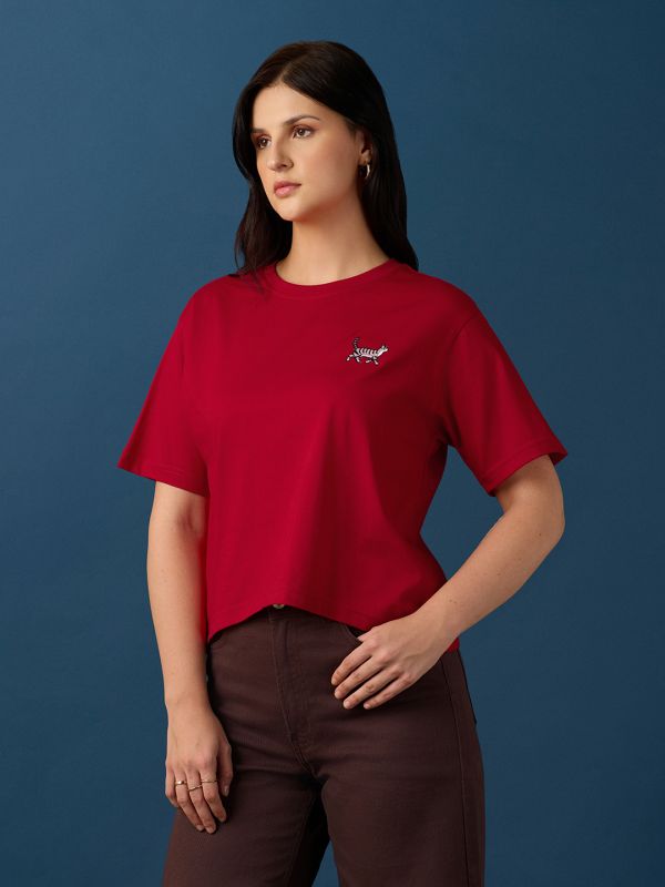 Globus Women Red Round Neck Drop Shoulder Sleeves Graphic Embroidered T-Shirt