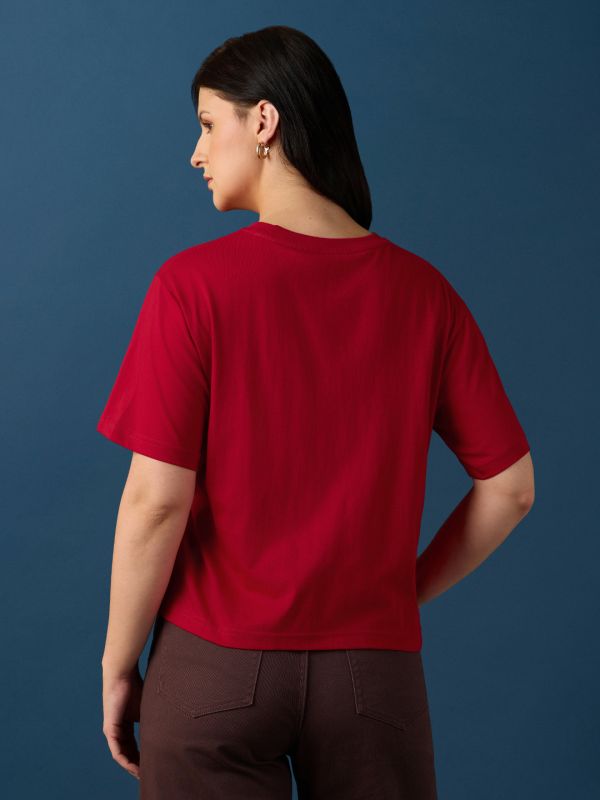 Globus Women Red Round Neck Drop Shoulder Sleeves Graphic Embroidered T-Shirt