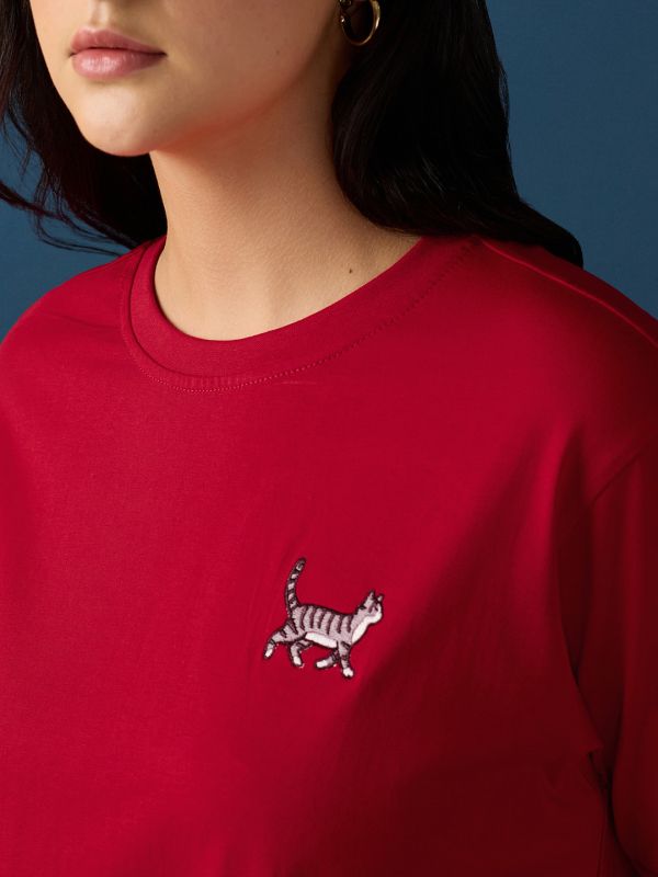 Globus Women Red Round Neck Drop Shoulder Sleeves Graphic Embroidered T-Shirt