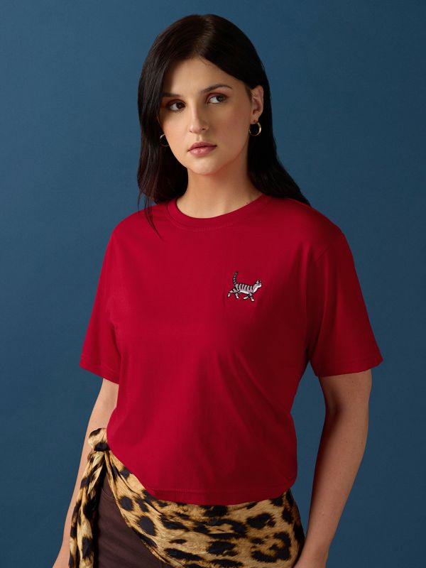 Globus Women Red Round Neck Drop Shoulder Sleeves Graphic Embroidered T-Shirt