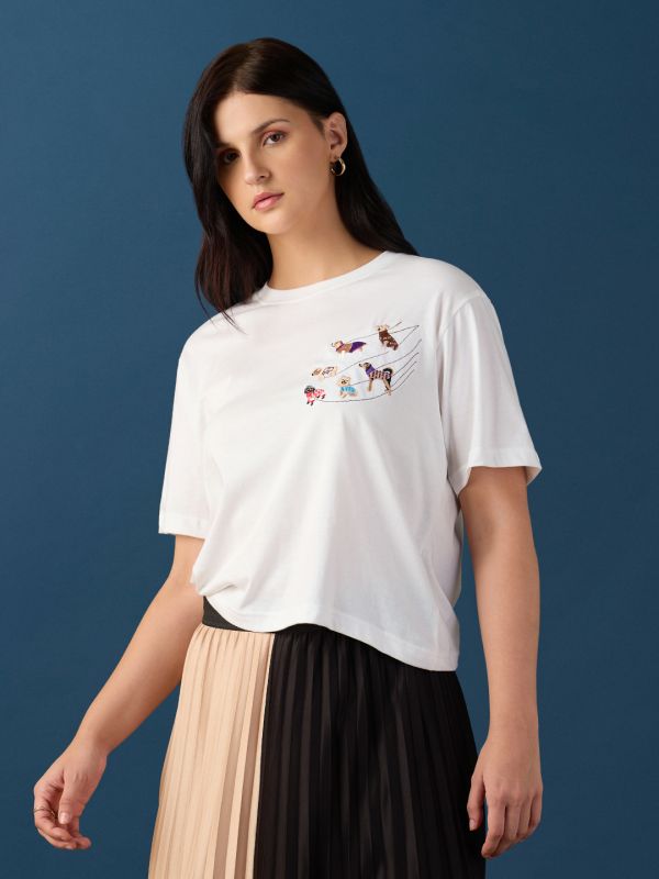 Globus Women White Round Neck Drop Shoulder Sleeves Graphic Embroidered Crop T-Shirt