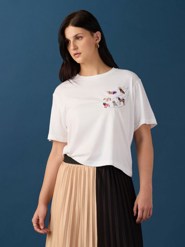 Globus Women White Round Neck Drop Shoulder Sleeves Graphic Embroidered Crop T-Shirt