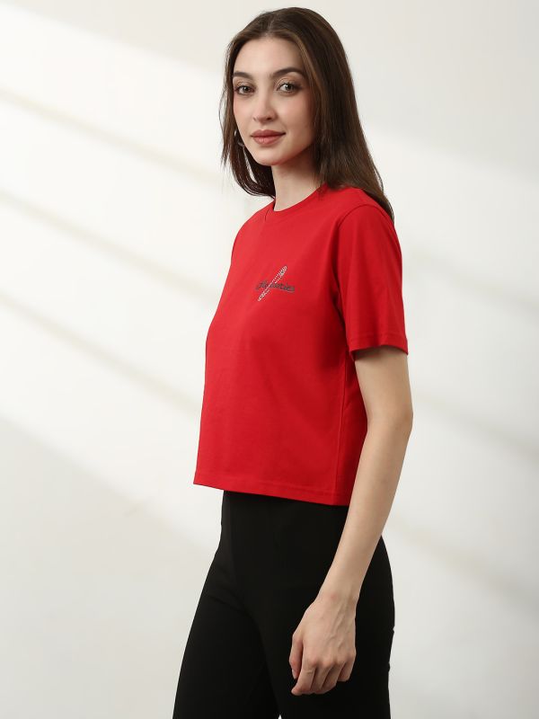 Globus Women Red Round Neck Short Sleeves Typography Print Crop T-Shirt