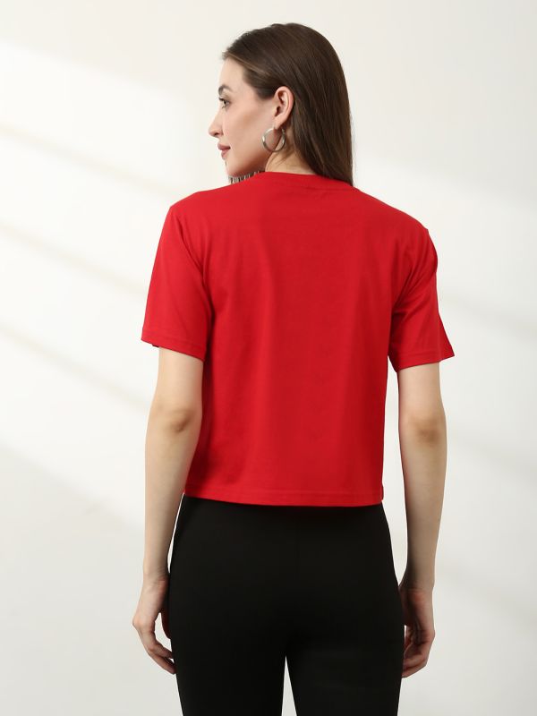 Globus Women Red Round Neck Short Sleeves Typography Print Crop T-Shirt