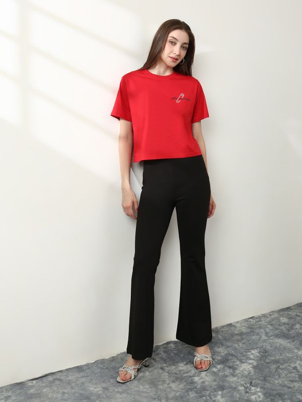 Globus Women Red Round Neck Short Sleeves Typography Print Crop T-Shirt