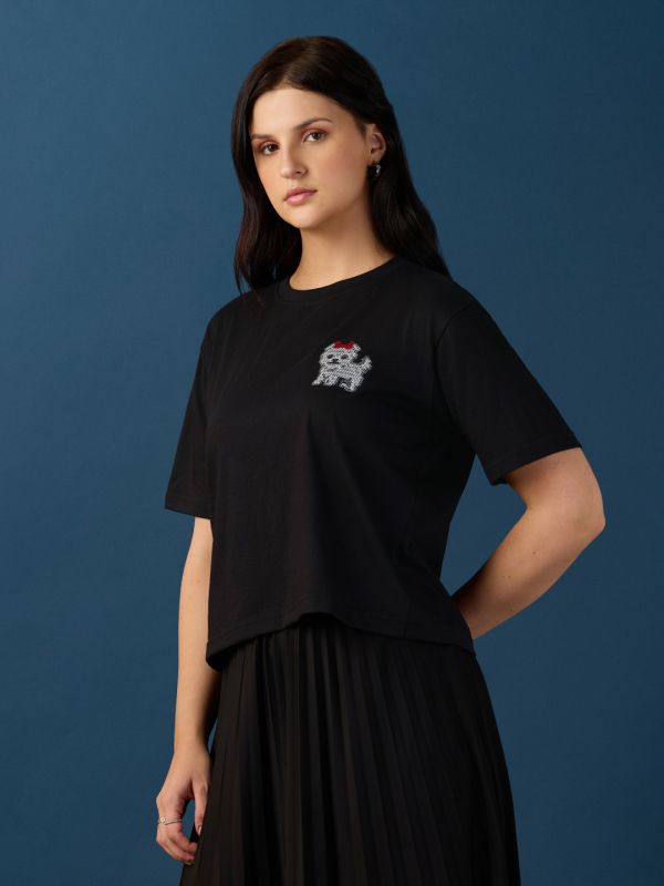 Globus Women Black Round Neck Drop Shoulder Sleeves Graphic Embroidered T-Shirt