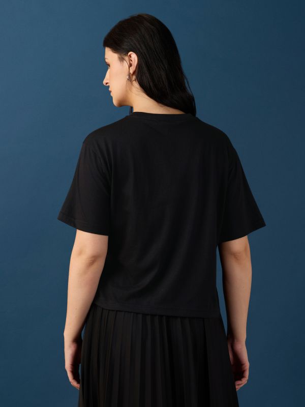 Globus Women Black Round Neck Drop Shoulder Sleeves Graphic Embroidered T-Shirt