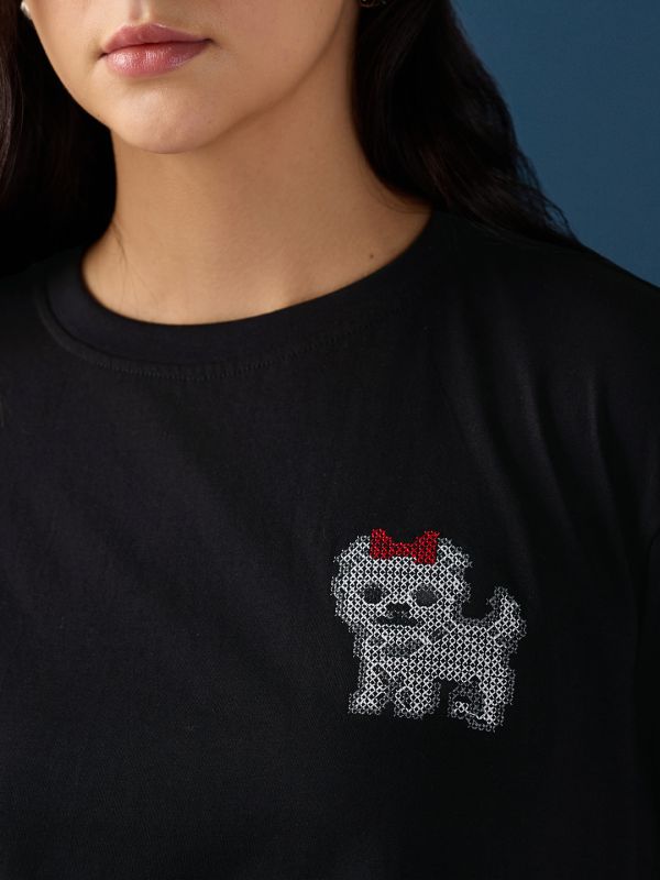 Globus Women Black Round Neck Drop Shoulder Sleeves Graphic Embroidered T-Shirt