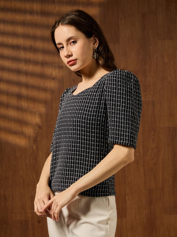 Globus Women Black Square Neck Puff Sleeves Gingham Checks Lace Insert Detail Workwear Top