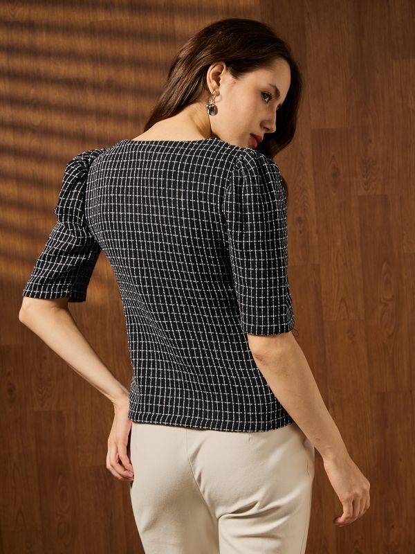 Globus Women Black Square Neck Puff Sleeves Gingham Checks Lace Insert Detail Workwear Top