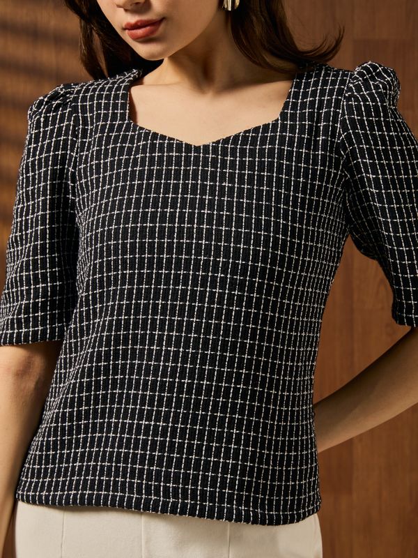 Globus Women Black Square Neck Puff Sleeves Gingham Checks Lace Insert Detail Workwear Top