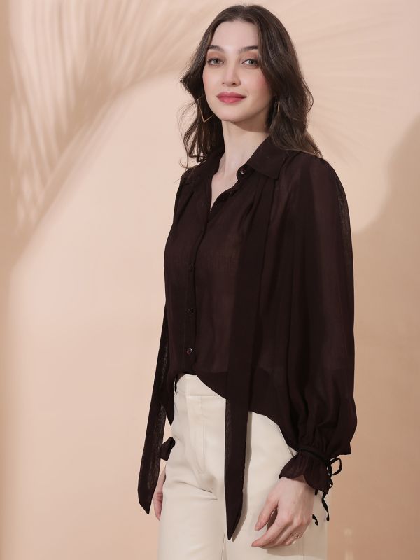Globus Women Brown Collared Neck Tie Detail Bishop Sleeves Chiffon Oversized Party Shirt