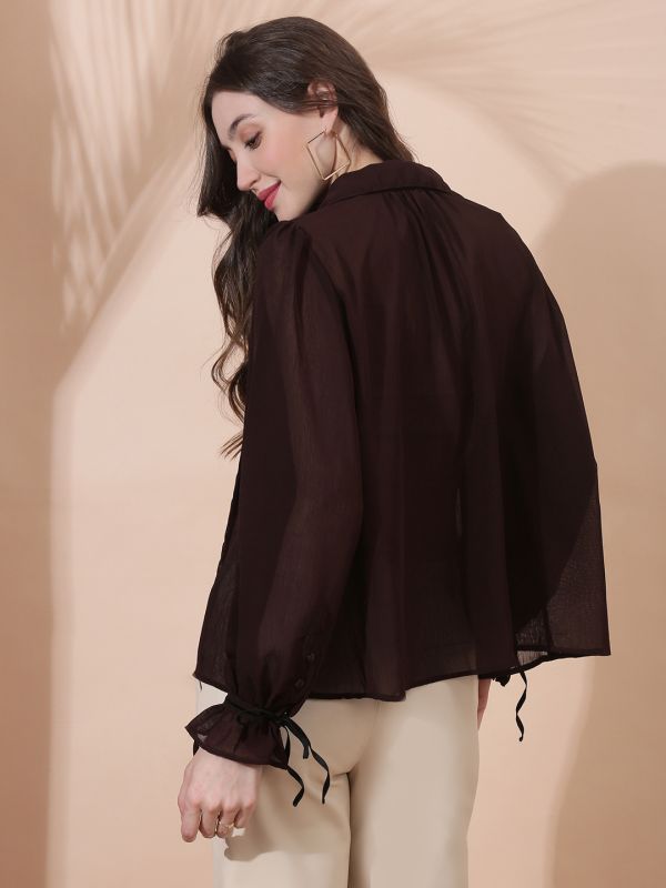 Globus Women Brown Collared Neck Tie Detail Bishop Sleeves Chiffon Oversized Party Shirt