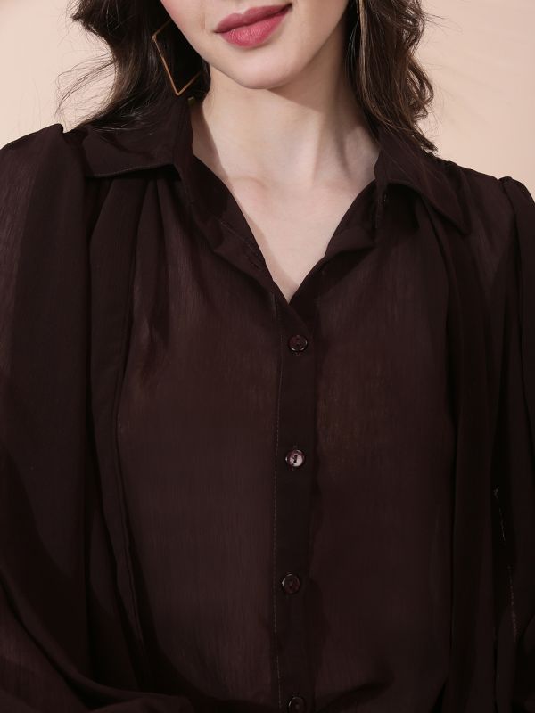 Globus Women Brown Collared Neck Tie Detail Bishop Sleeves Chiffon Oversized Party Shirt