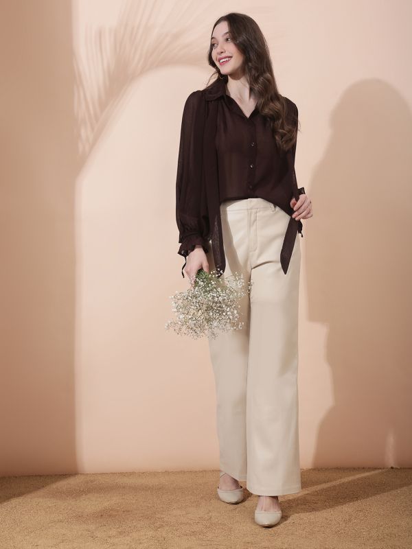 Globus Women Brown Collared Neck Tie Detail Bishop Sleeves Chiffon Oversized Party Shirt