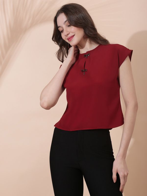 Globus Women Maroon Round Neck Extended Sleeve Solid Bow Detail Top