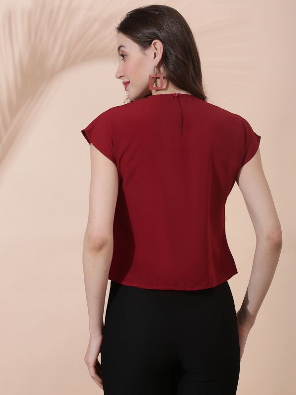 Globus Women Maroon Round Neck Extended Sleeve Solid Bow Detail Top