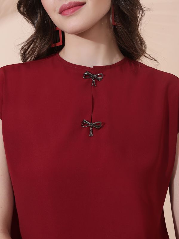 Globus Women Maroon Round Neck Extended Sleeve Solid Bow Detail Top