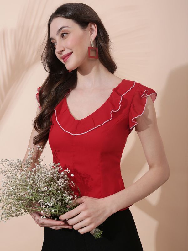 Globus Women Red Flared Sleeves V-Neck Ruffle Contrast Piping Detail ...