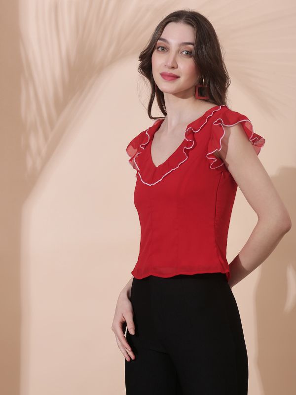 Globus Women Red Flared Sleeves V-Neck Ruffle Contrast Piping Detail ...