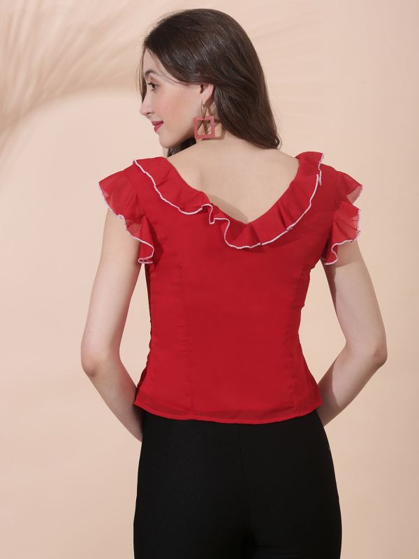 Globus Women Red Flared Sleeves V-Neck Ruffle Contrast Piping Detail Chiffon Top