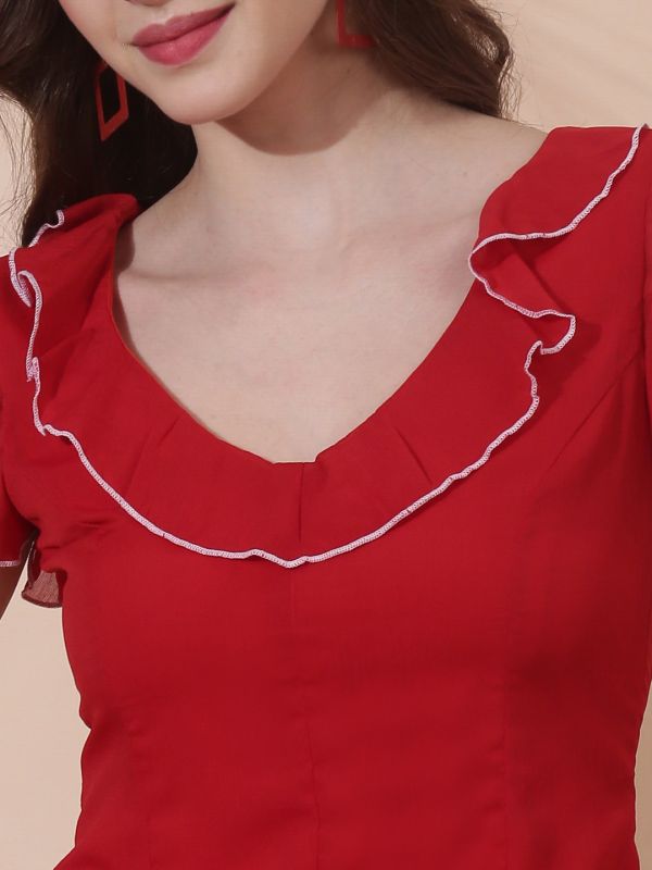 Globus Women Red Flared Sleeves V-Neck Ruffle Contrast Piping Detail Chiffon Top