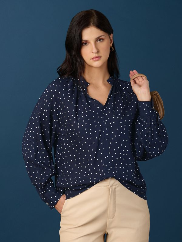 Globus Women Blue V-Neck Raglan Sleeves Polka Dot A-Line Top