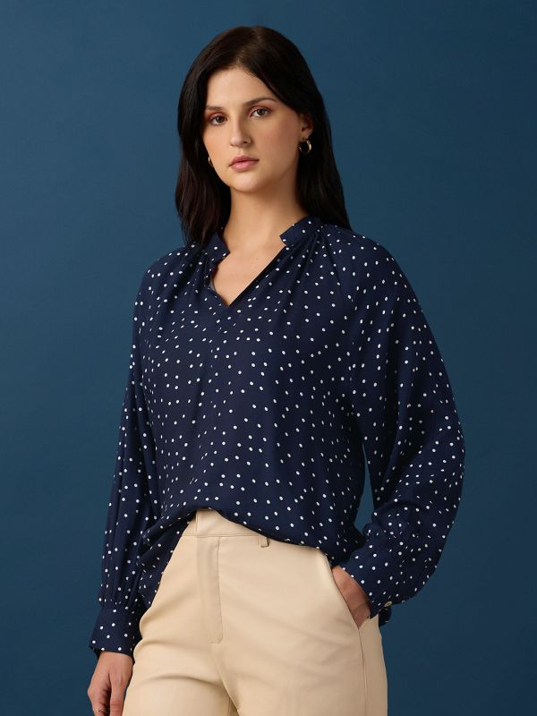 Globus Women Blue V-Neck Raglan Sleeves Polka Dot A-Line Top