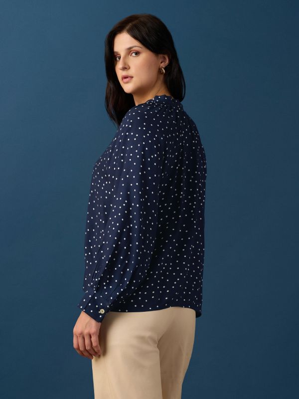 Globus Women Blue V-Neck Raglan Sleeves Polka Dot A-Line Top