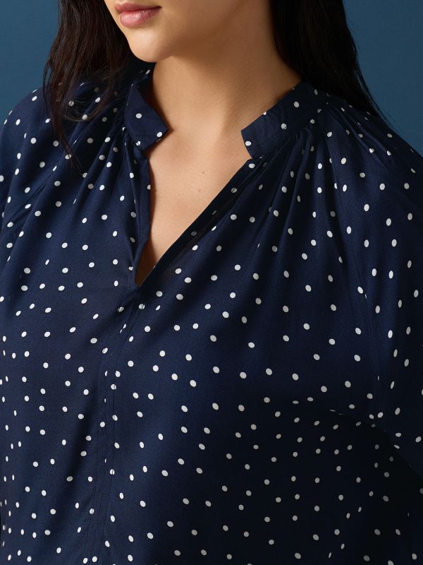 Globus Women Blue V-Neck Raglan Sleeves Polka Dot A-Line Top