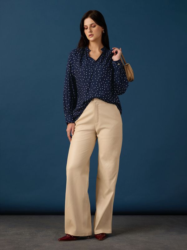 Globus Women Blue V-Neck Raglan Sleeves Polka Dot A-Line Top