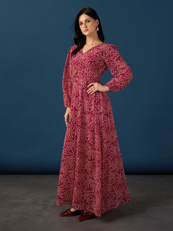 Globus Women Maroon V-Neck Bishop Sleeves Floral Printed O-Ring Waist Detail Smocked Fit & Flare Maxi Party Dress
