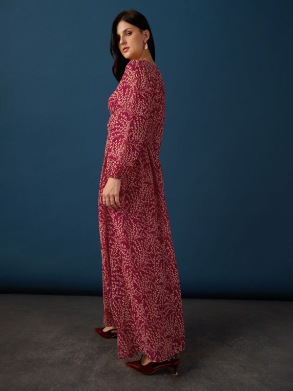 Globus Women Maroon V-Neck Bishop Sleeves Floral Printed O-Ring Waist Detail Smocked Fit & Flare Maxi Party Dress