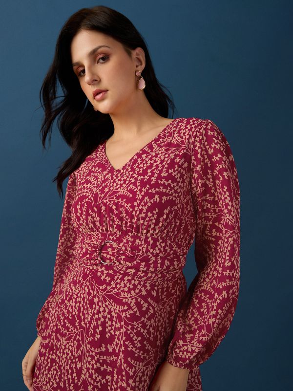Globus Women Maroon V-Neck Bishop Sleeves Floral Printed O-Ring Waist Detail Smocked Fit & Flare Maxi Party Dress