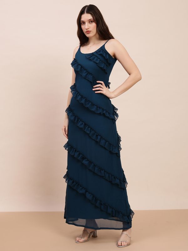 Globus Women Teal Scoop Neck Strappy Sleeves Ruffle Detail Georgette A-Line Maxi Party Dress