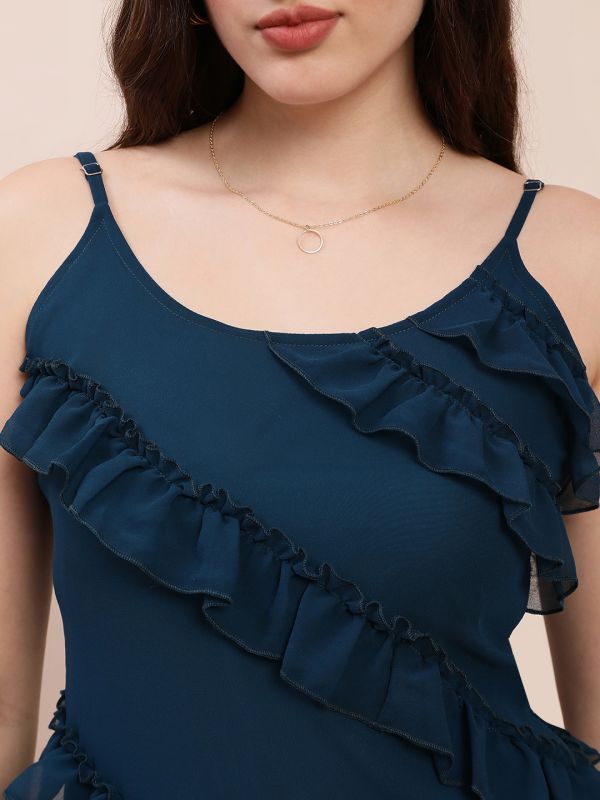 Globus Women Teal Scoop Neck Strappy Sleeves Ruffle Detail Georgette A-Line Maxi Party Dress