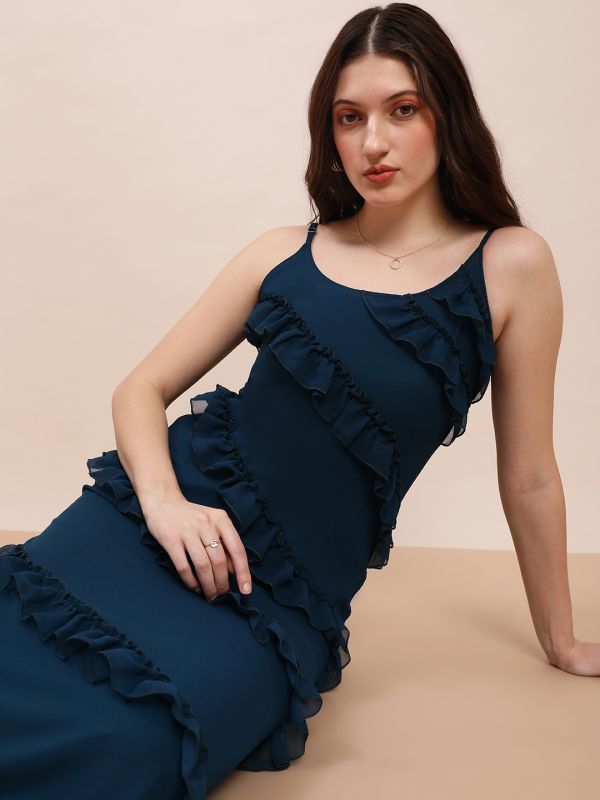 Globus Women Teal Scoop Neck Strappy Sleeves Ruffle Detail Georgette A-Line Maxi Party Dress