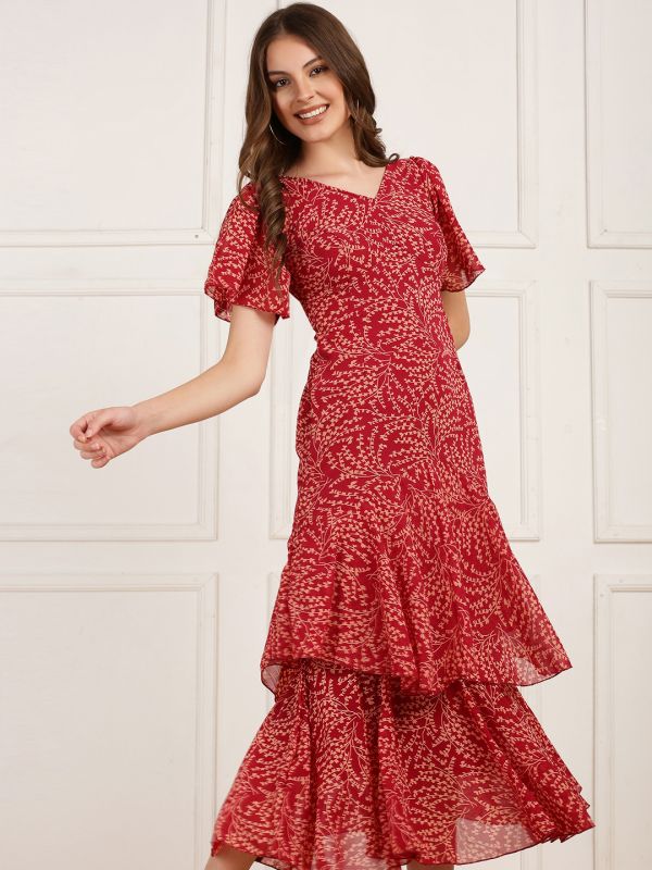 Globus Women Maroon V-Neck Flutter Sleeves Printed Layered Georgette Midi Dress 