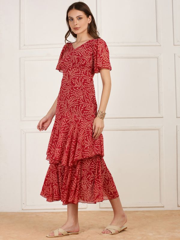 Globus Women Maroon V-Neck Flutter Sleeves Printed Layered Georgette Midi Dress 
