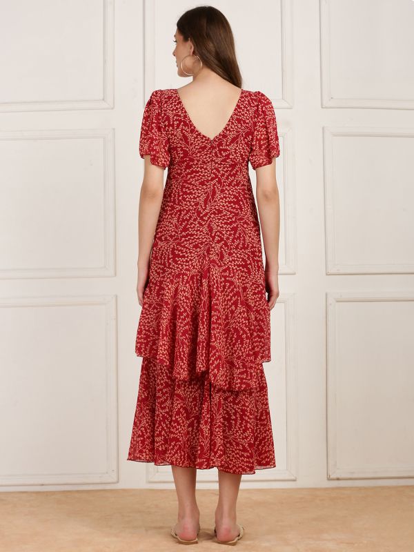 Globus Women Maroon V-Neck Flutter Sleeves Printed Layered Georgette Midi Dress 